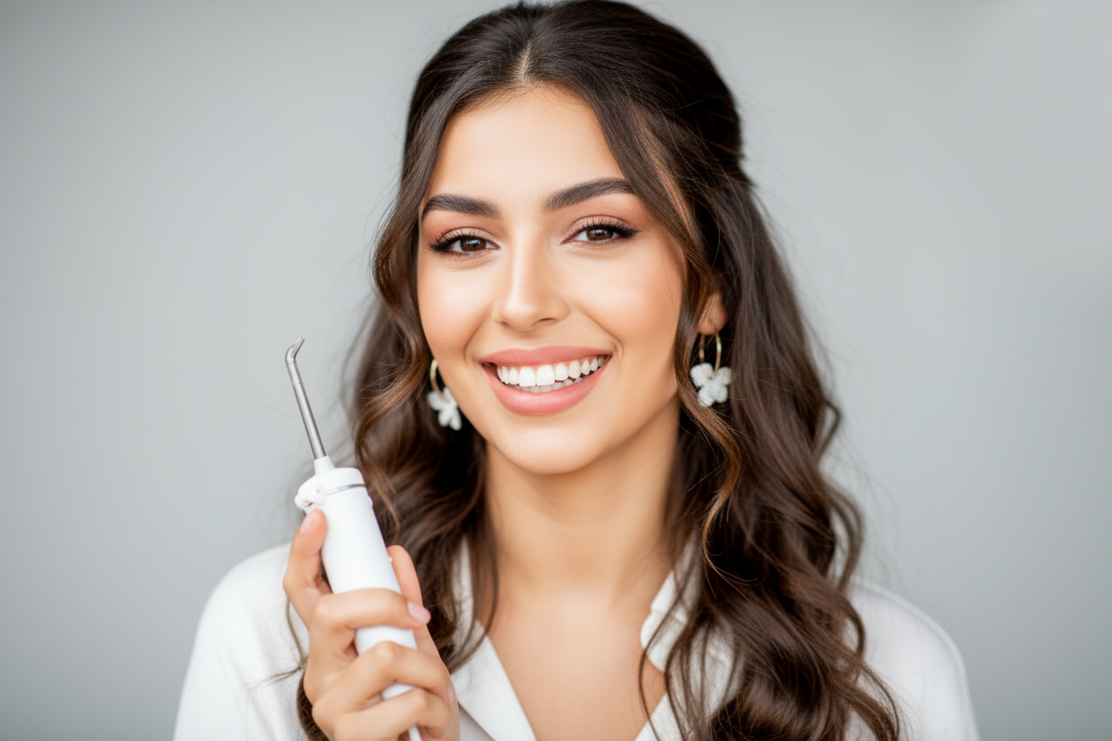 دليل شراء خيط الاسنان المائي - امرأة مبتسمة تحمل جهاز خيط مائي محمول صغير
