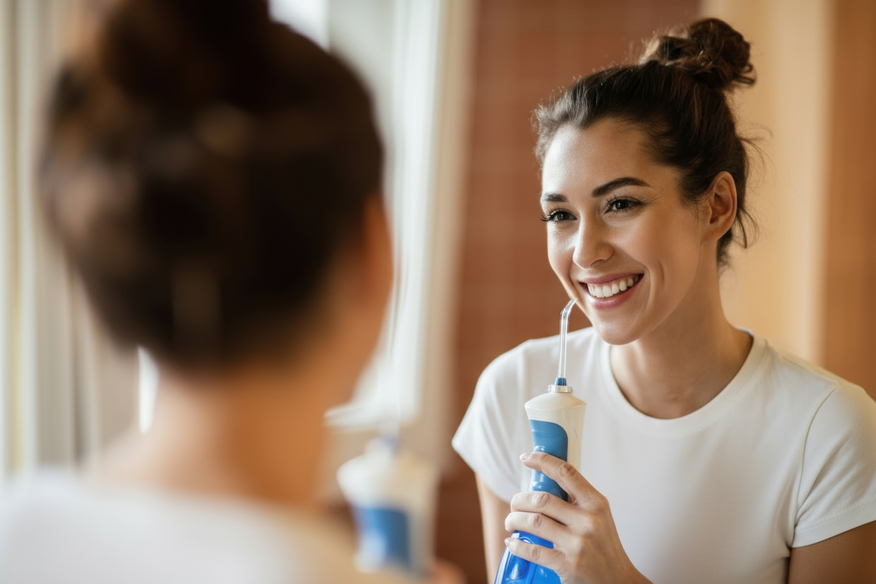 امرأة مبتسمة تمسك جهاز خيط الاسنان المائي أمام المرآة – فوائد خيط الاسنان المائي للحفاظ على ابتسامة صحية