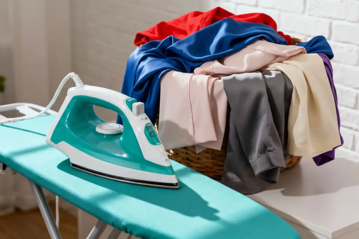 مكواة بخار حديثة فوق طاولة الكي بجانب سلة ملابس ملونة - دليلك لاستخدام مكواة البخار