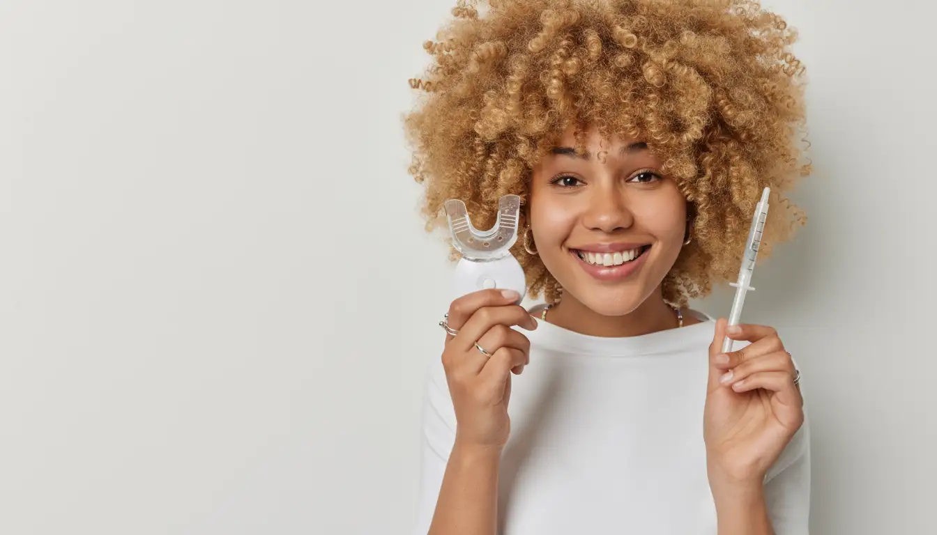 فتاة مبتسمة تحمل جهاز تبييض الأسنان المنزلي وسيرنج جل التبييض